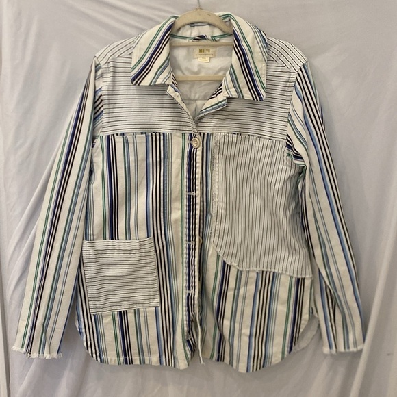 Maeve by Anthropologie Denim Shirt Jacket White Blue & Black Stripes medium - Picture 5 of 8